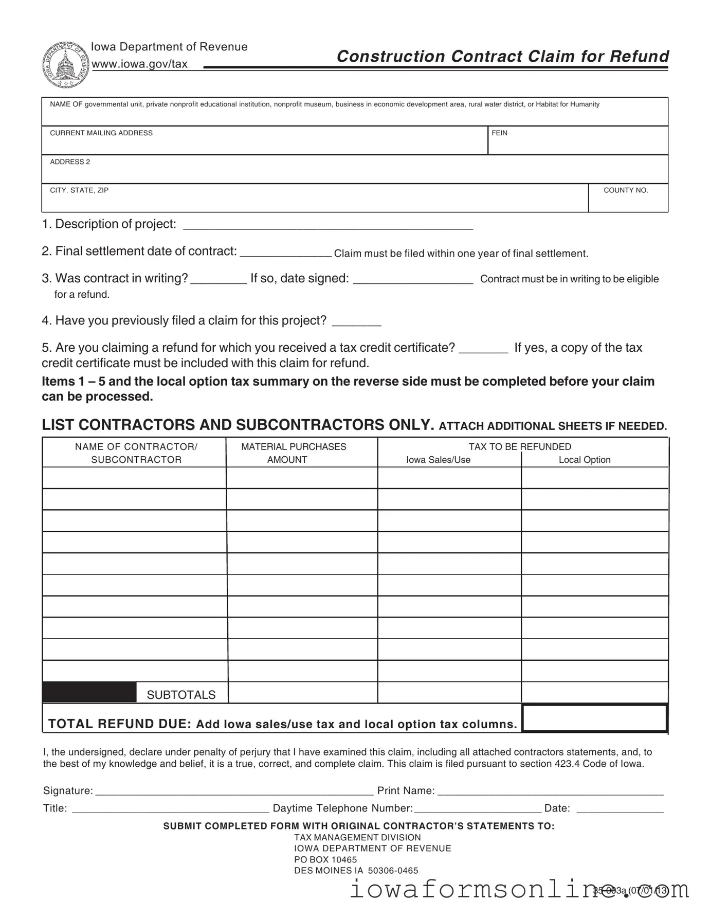 Fill a Valid Iowa 35 003A Template