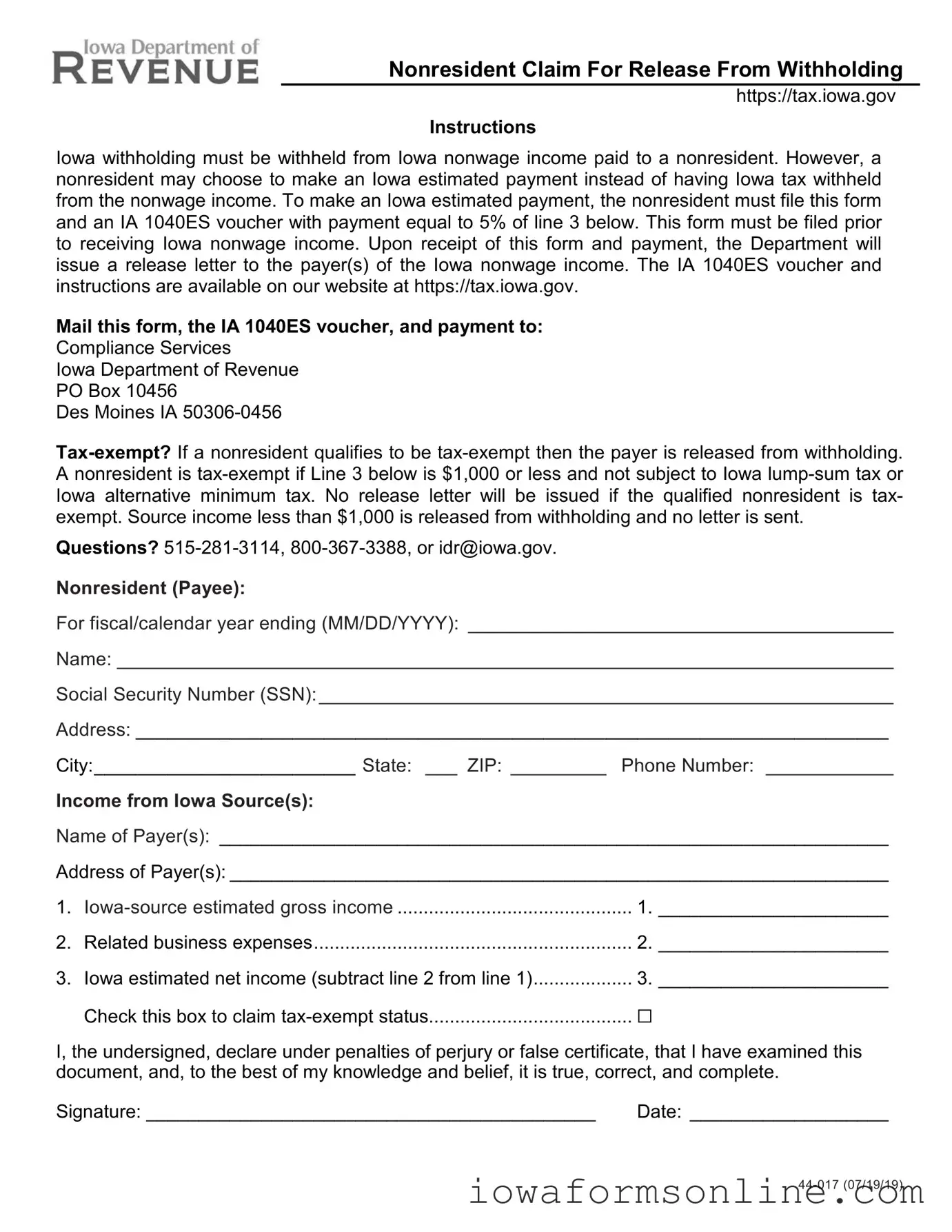 Fill a Valid Iowa 44 017B Template