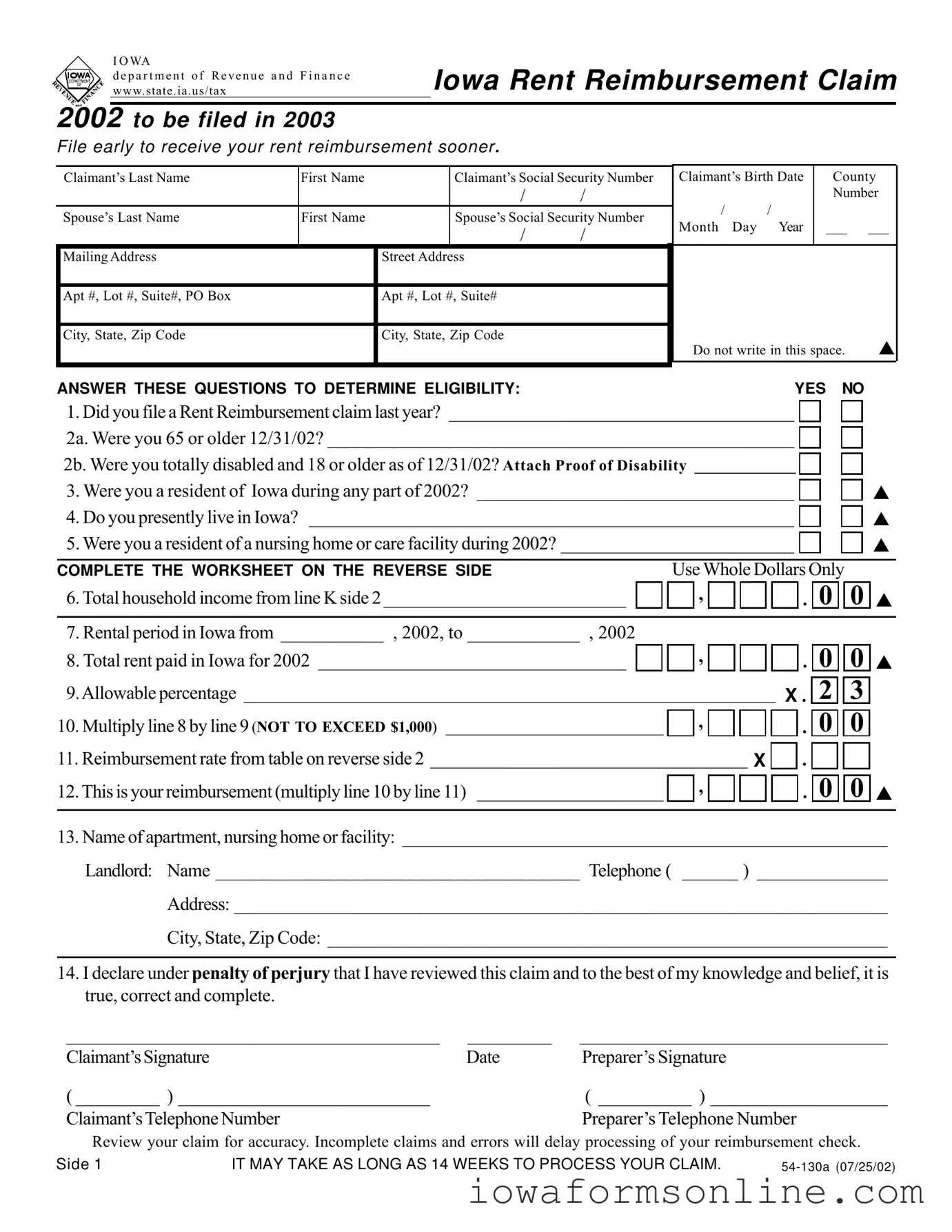 Fill a Valid Iowa 54 130A Template