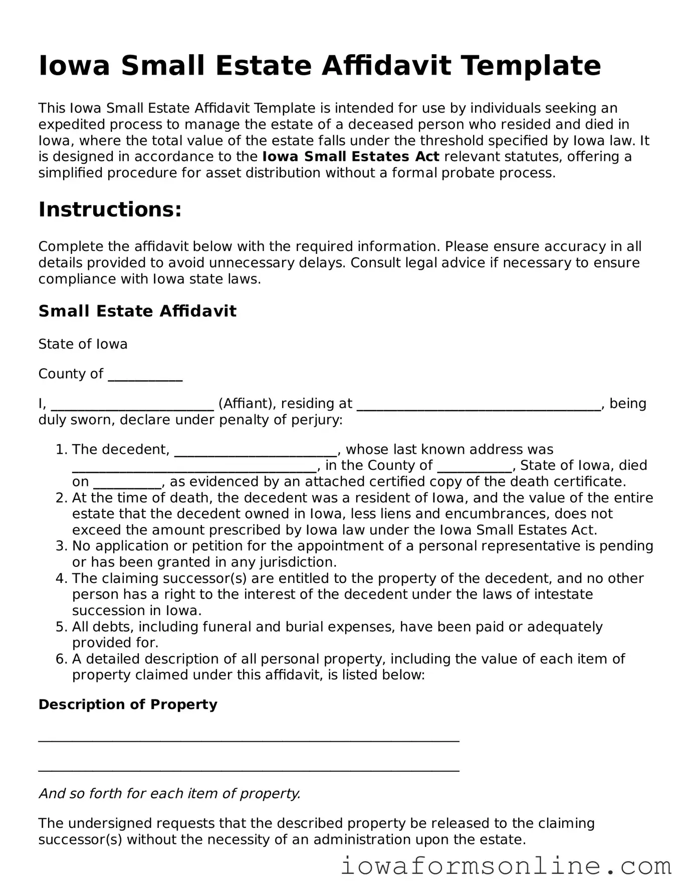Blank  Small Estate Affidavit Template for Iowa