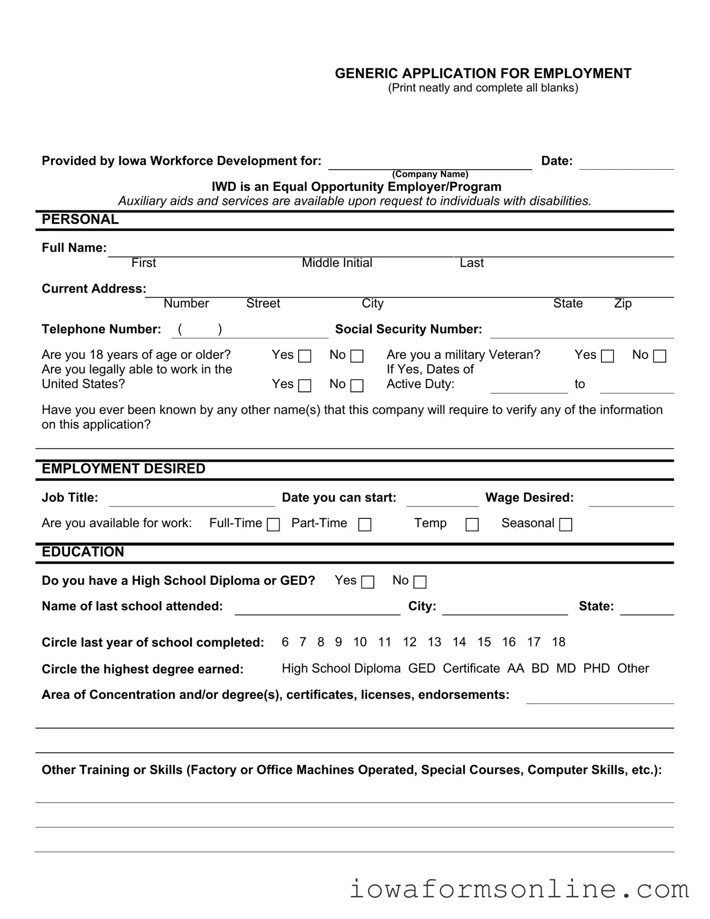 Fill a Valid Iowa Application Employment Template