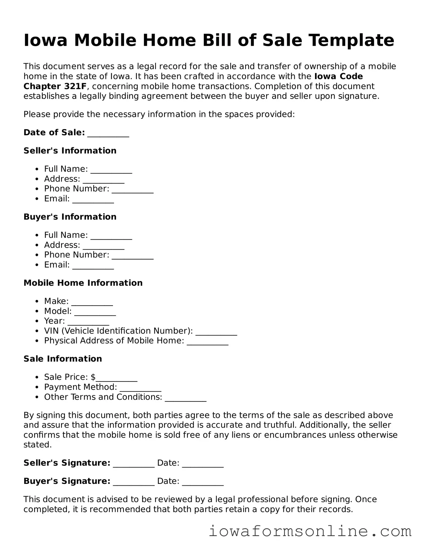 Blank  Mobile Home Bill of Sale Template for Iowa