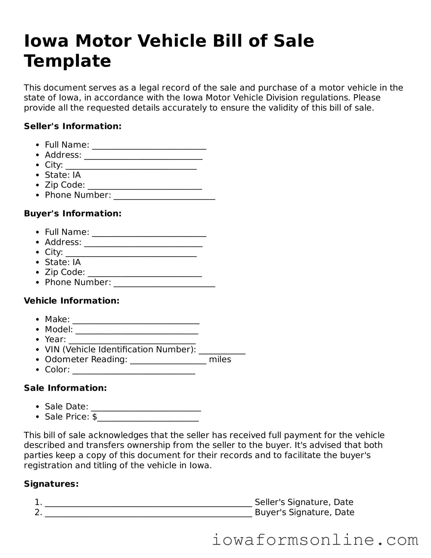 Blank  Motor Vehicle Bill of Sale Template for Iowa