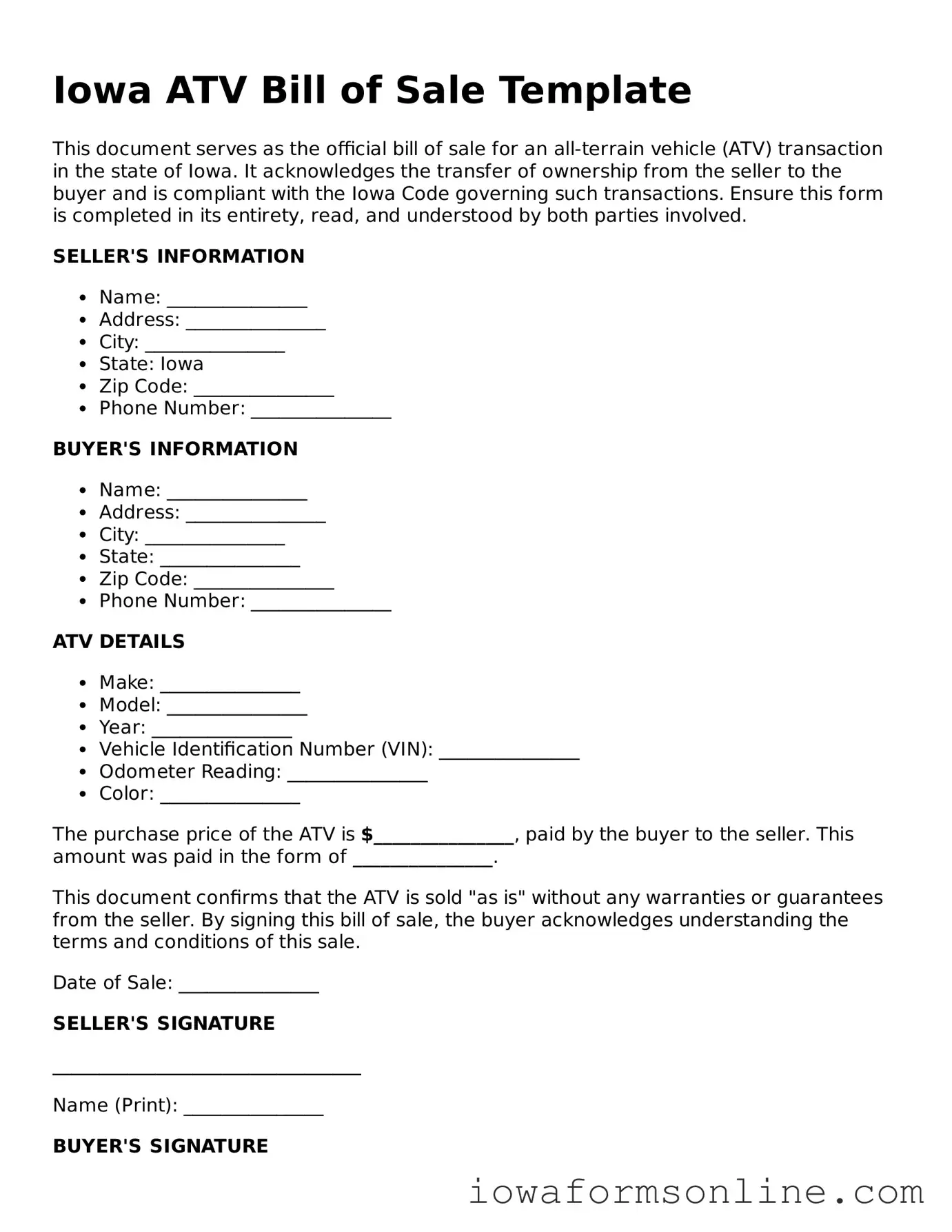 Blank  ATV Bill of Sale Template for Iowa