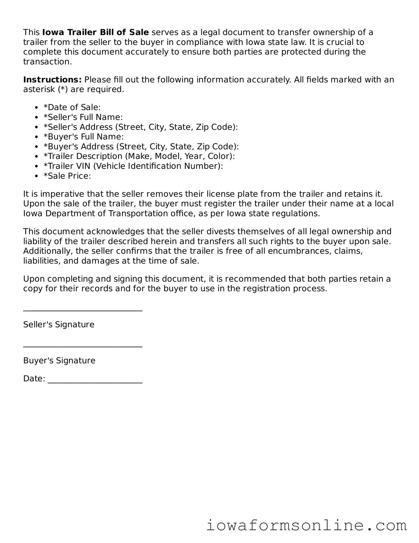 Blank  Trailer Bill of Sale Template for Iowa