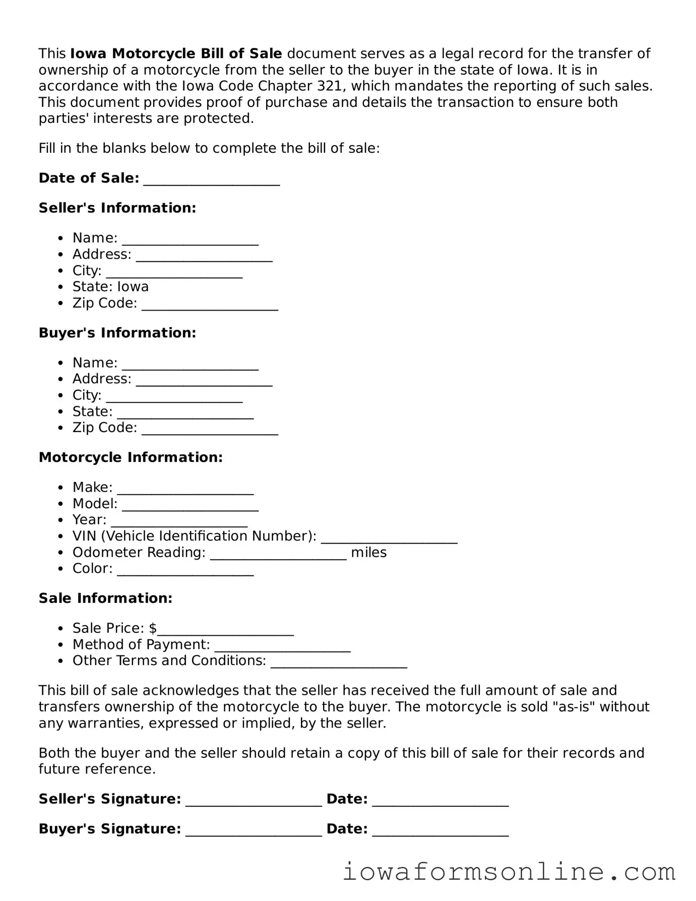 Blank  Motorcycle Bill of Sale Template for Iowa