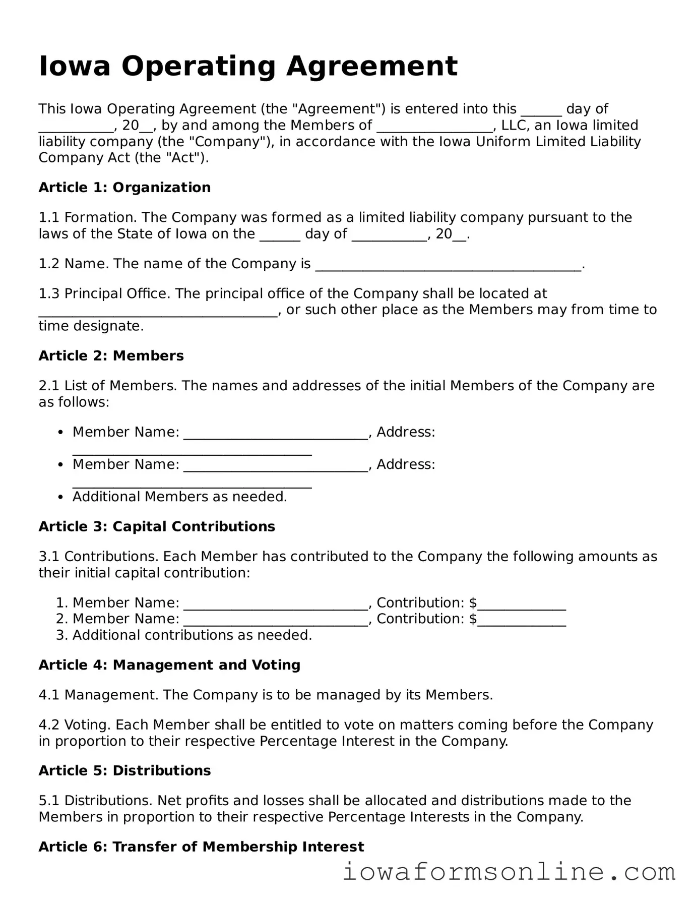 Blank  Operating Agreement Template for Iowa