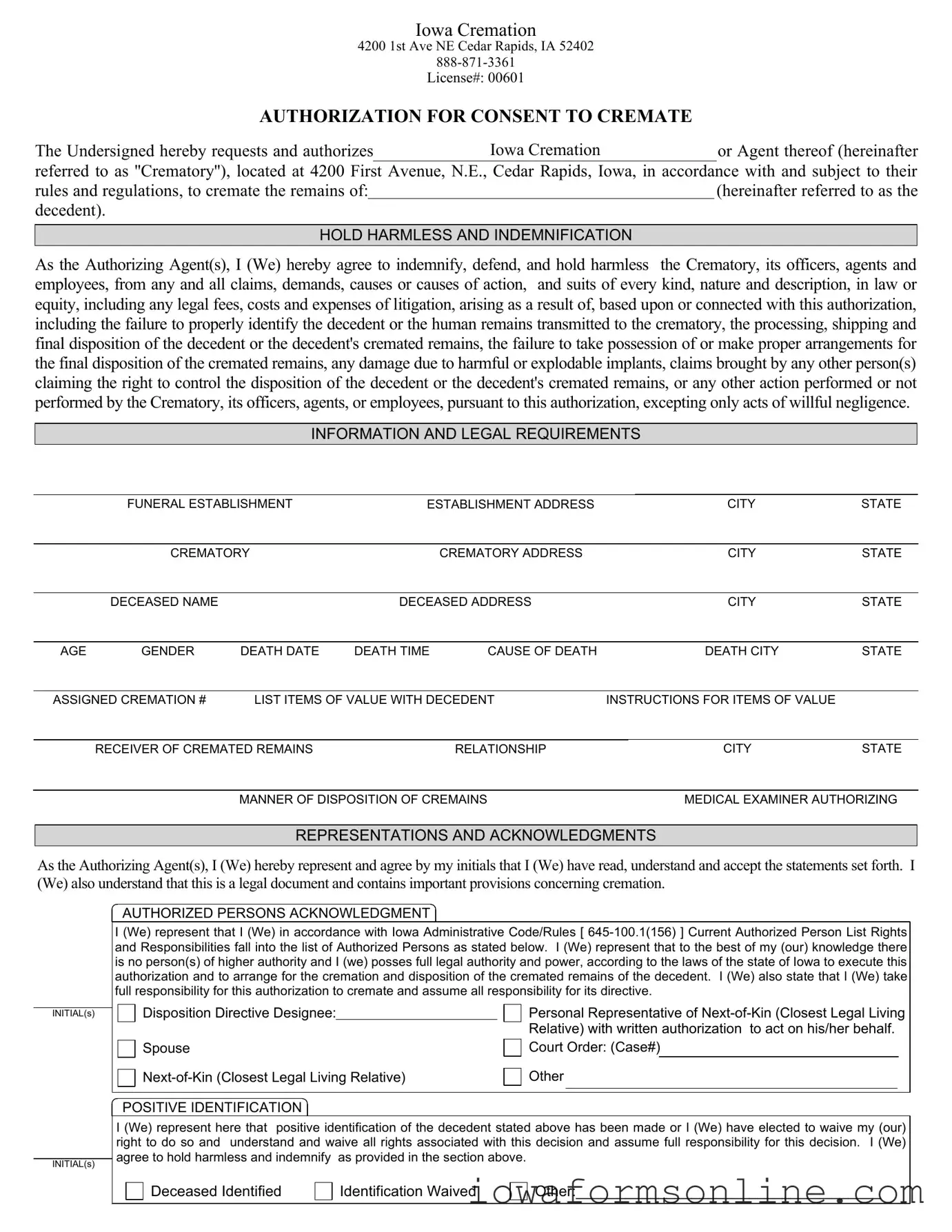 Fill a Valid Iowa Cremation Authorization Template