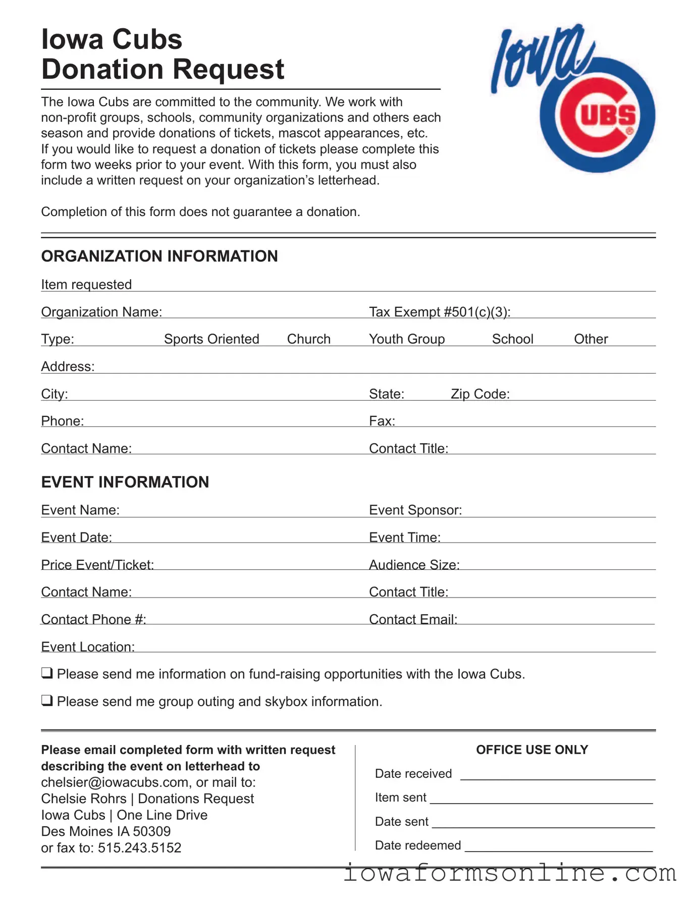 Fill a Valid Iowa Cubs Donation Request Template