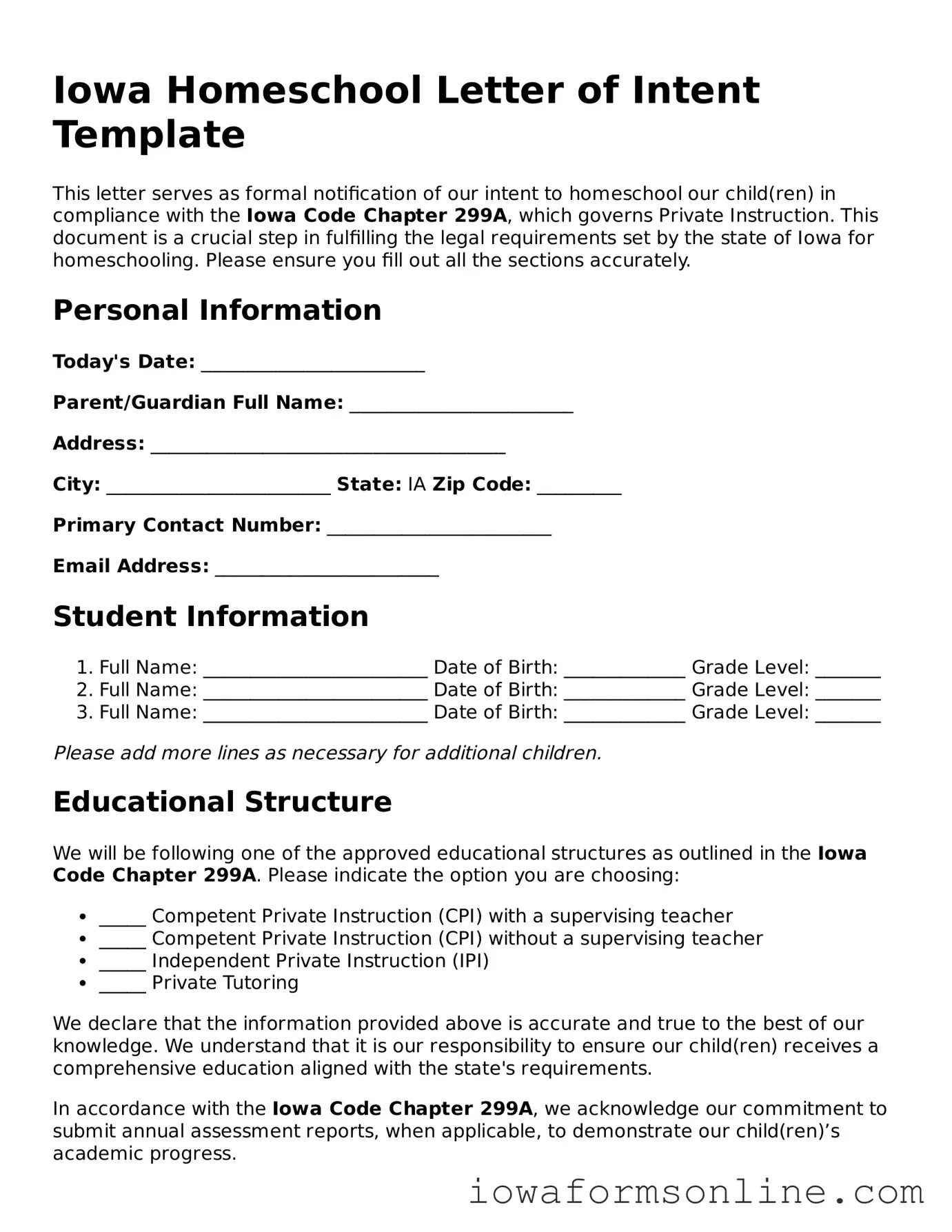 Blank  Homeschool Letter of Intent Template for Iowa