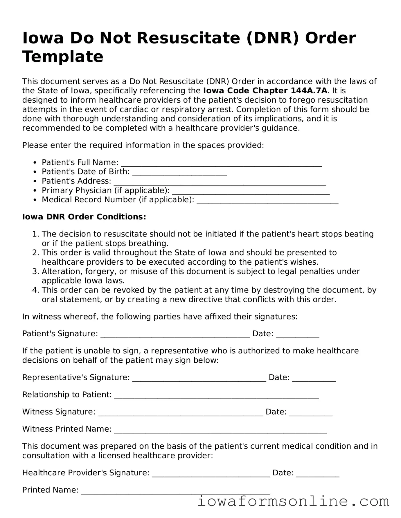 Blank  Do Not Resuscitate Order Template for Iowa