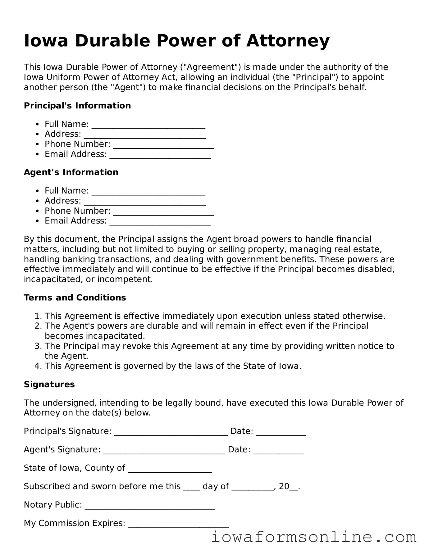 Blank  Durable Power of Attorney Template for Iowa