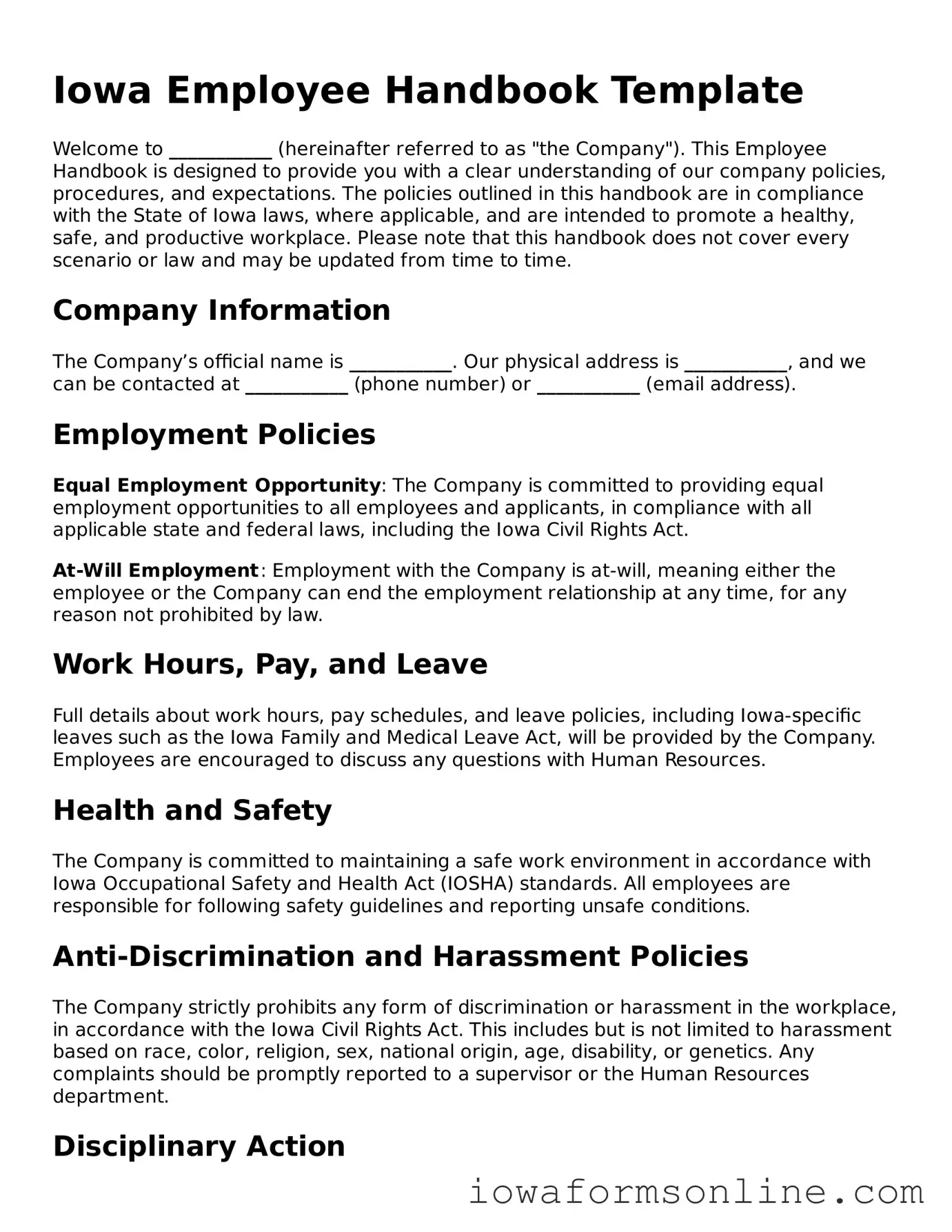 Blank  Employee Handbook Template for Iowa