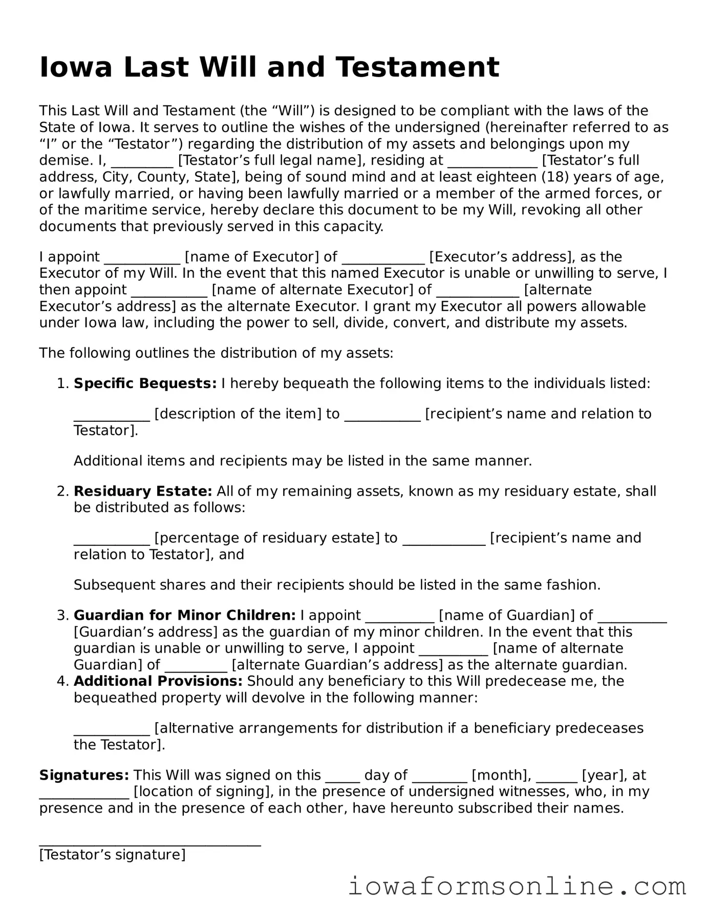 Blank  Last Will and Testament Template for Iowa