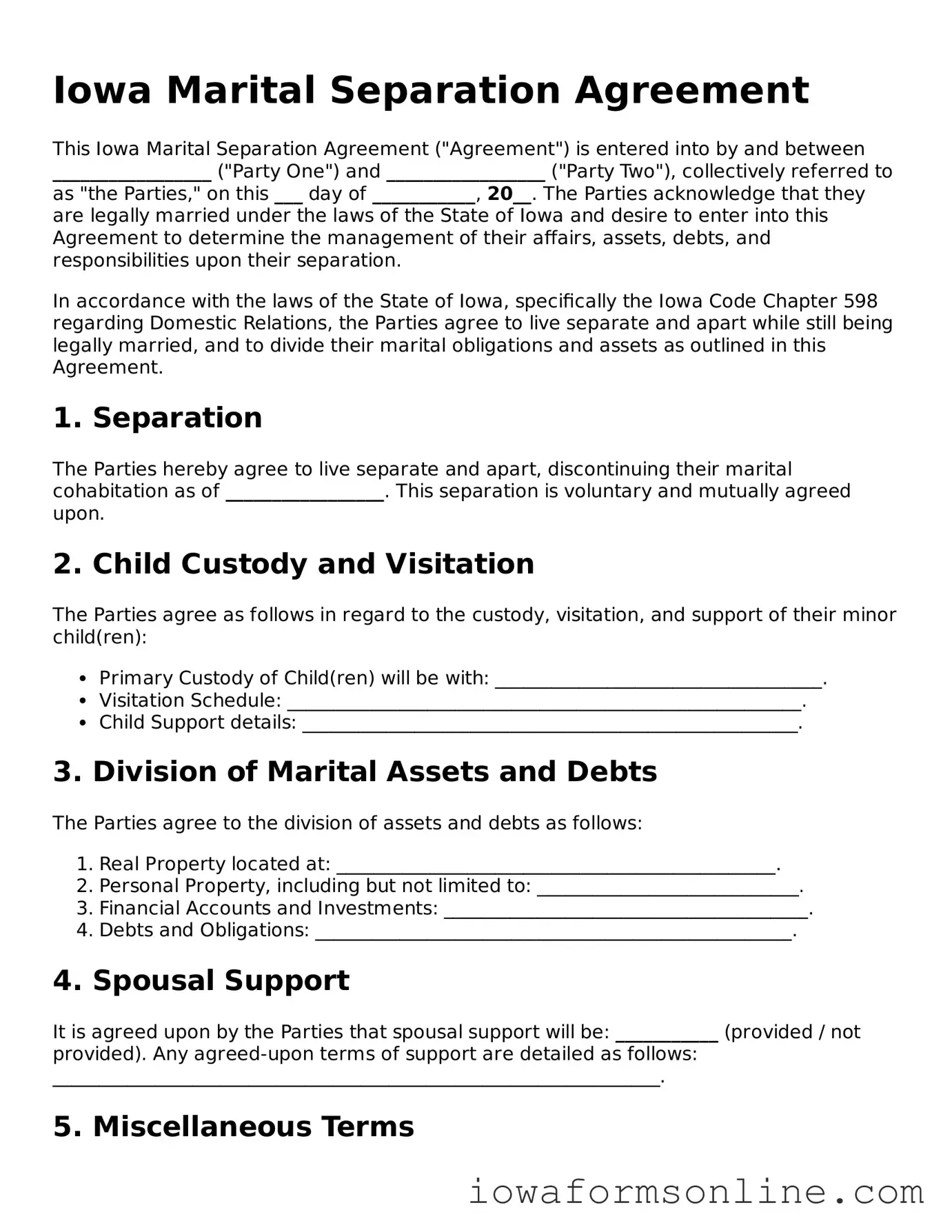 Blank  Marital Separation Agreement Template for Iowa