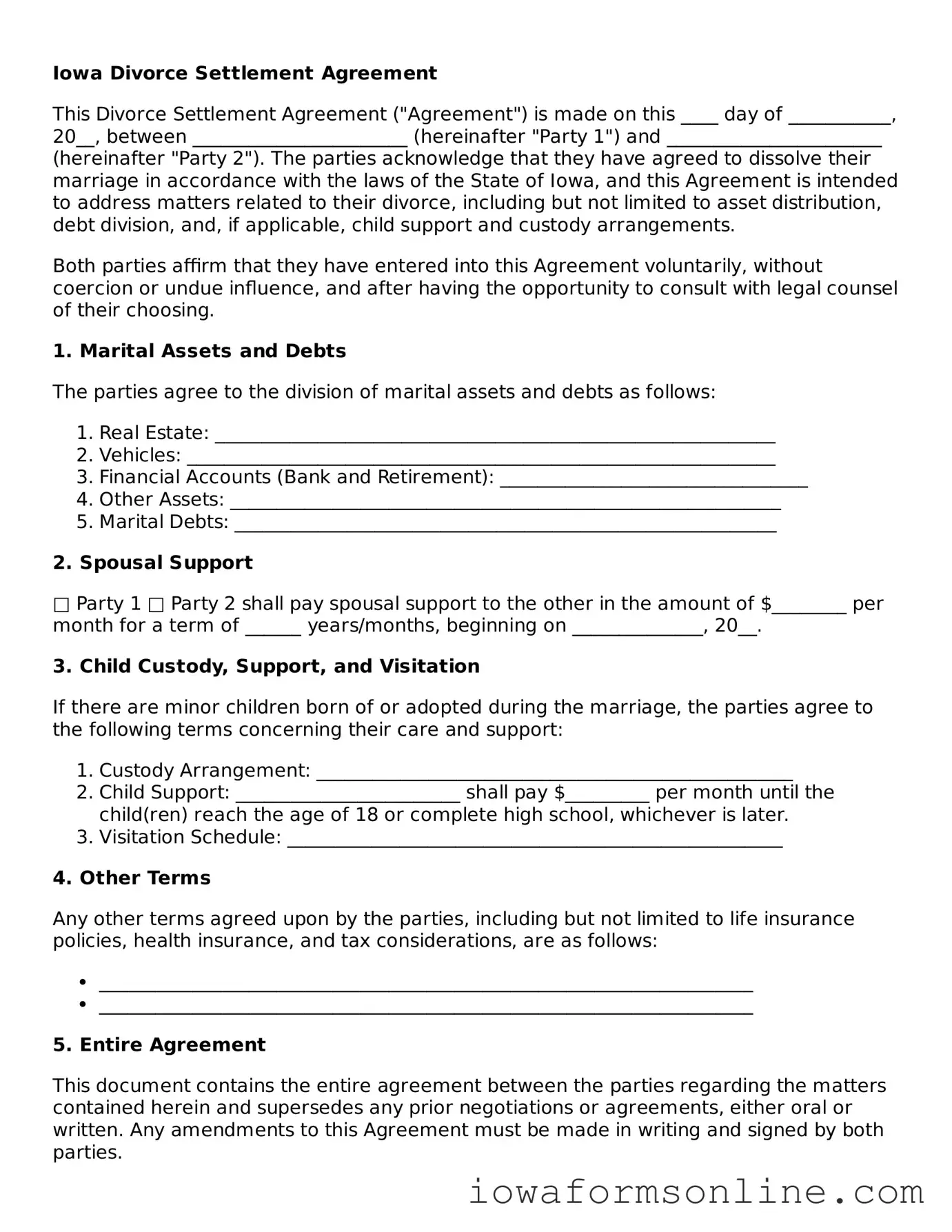 Blank  Divorce Settlement Agreement Template for Iowa