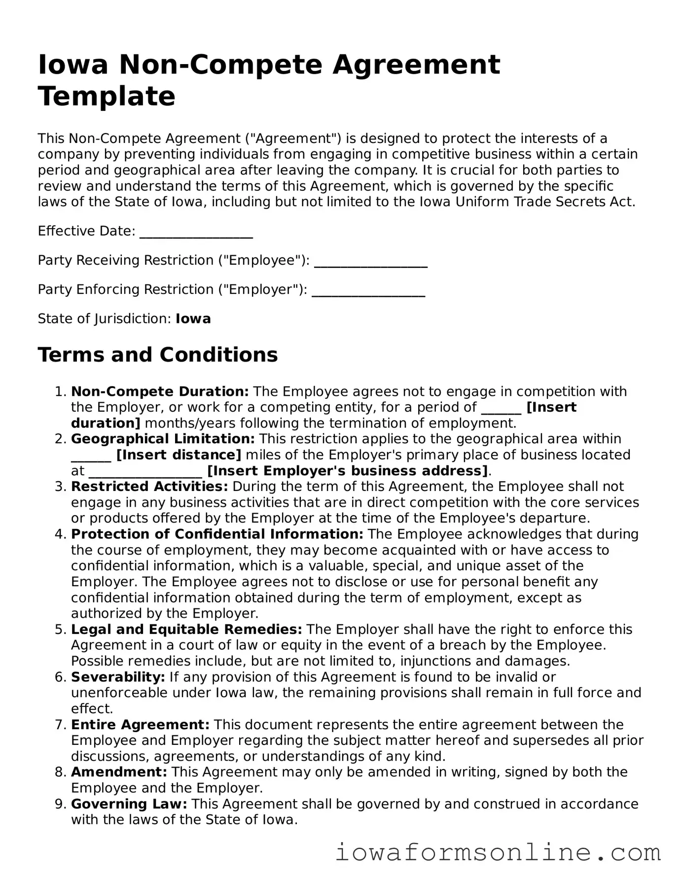 Blank  Non-compete Agreement Template for Iowa