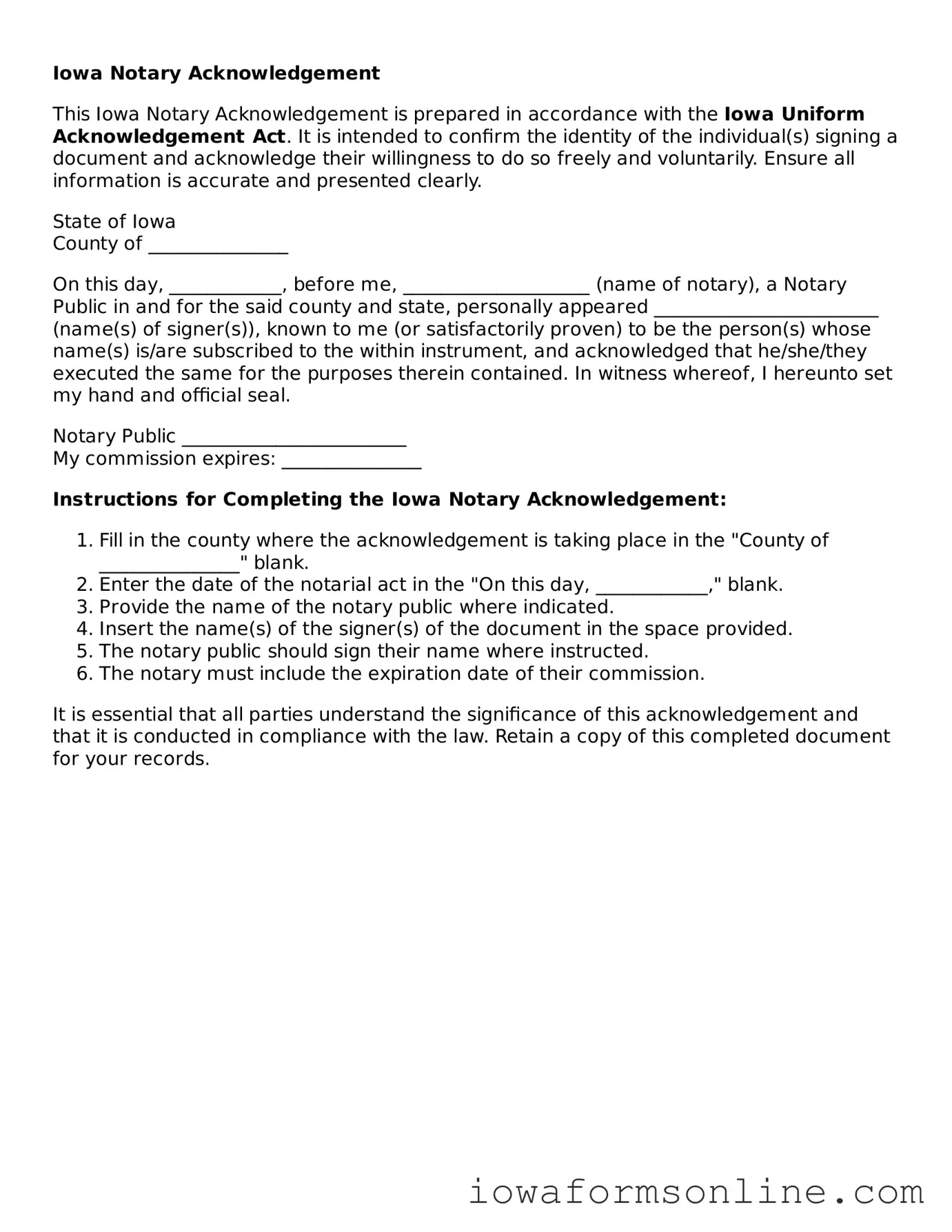 Blank  Notary Acknowledgement Template for Iowa