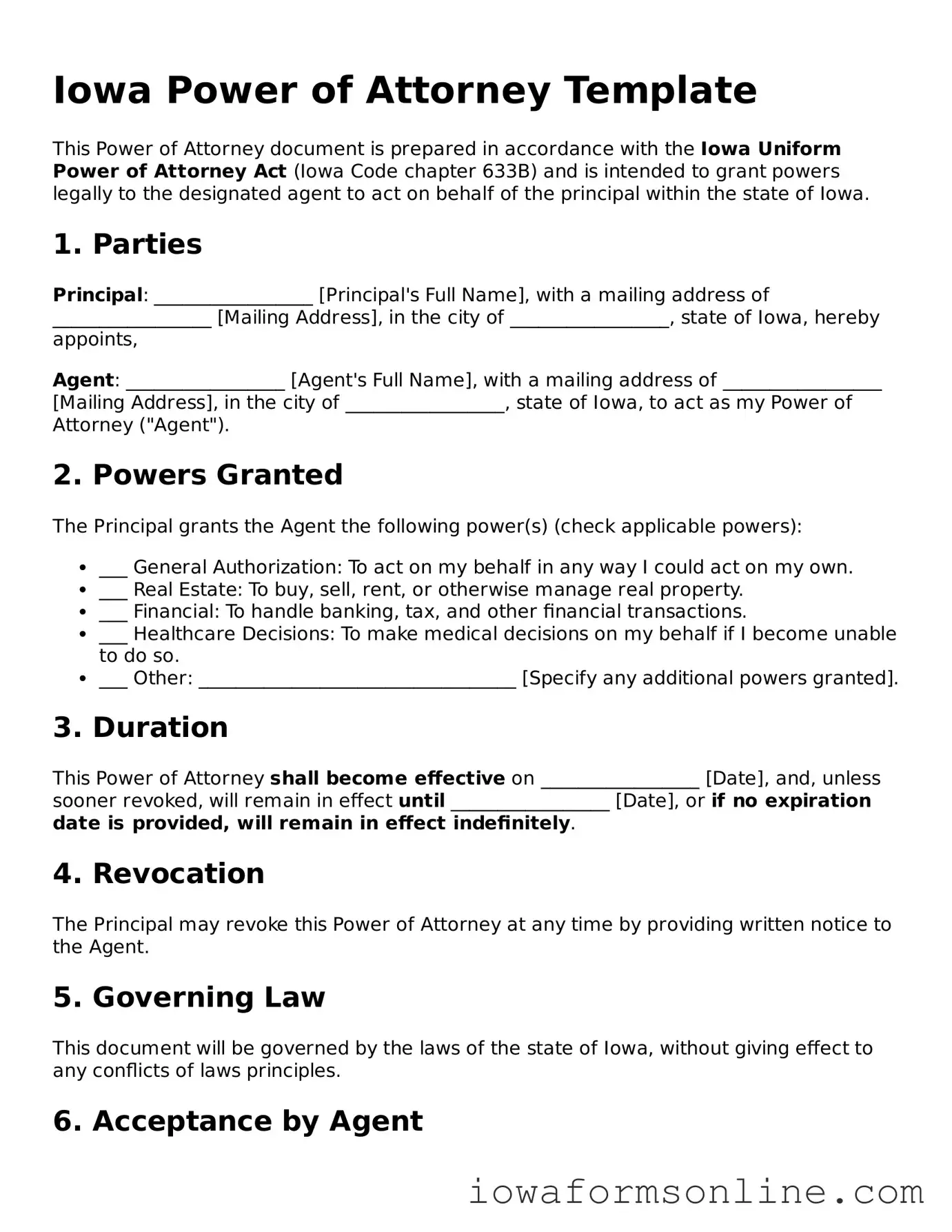 Blank  Power of Attorney Template for Iowa