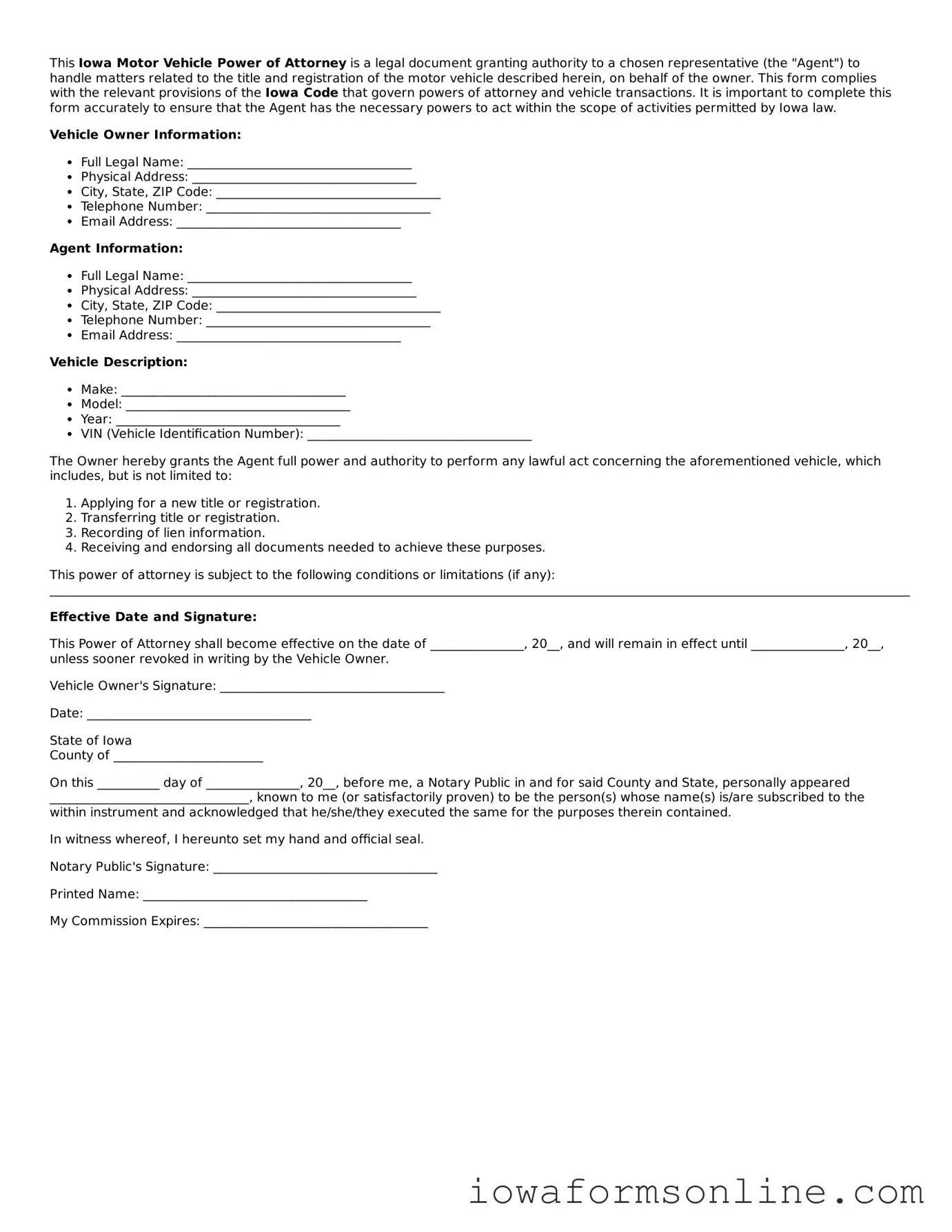 Blank  Motor Vehicle Power of Attorney Template for Iowa