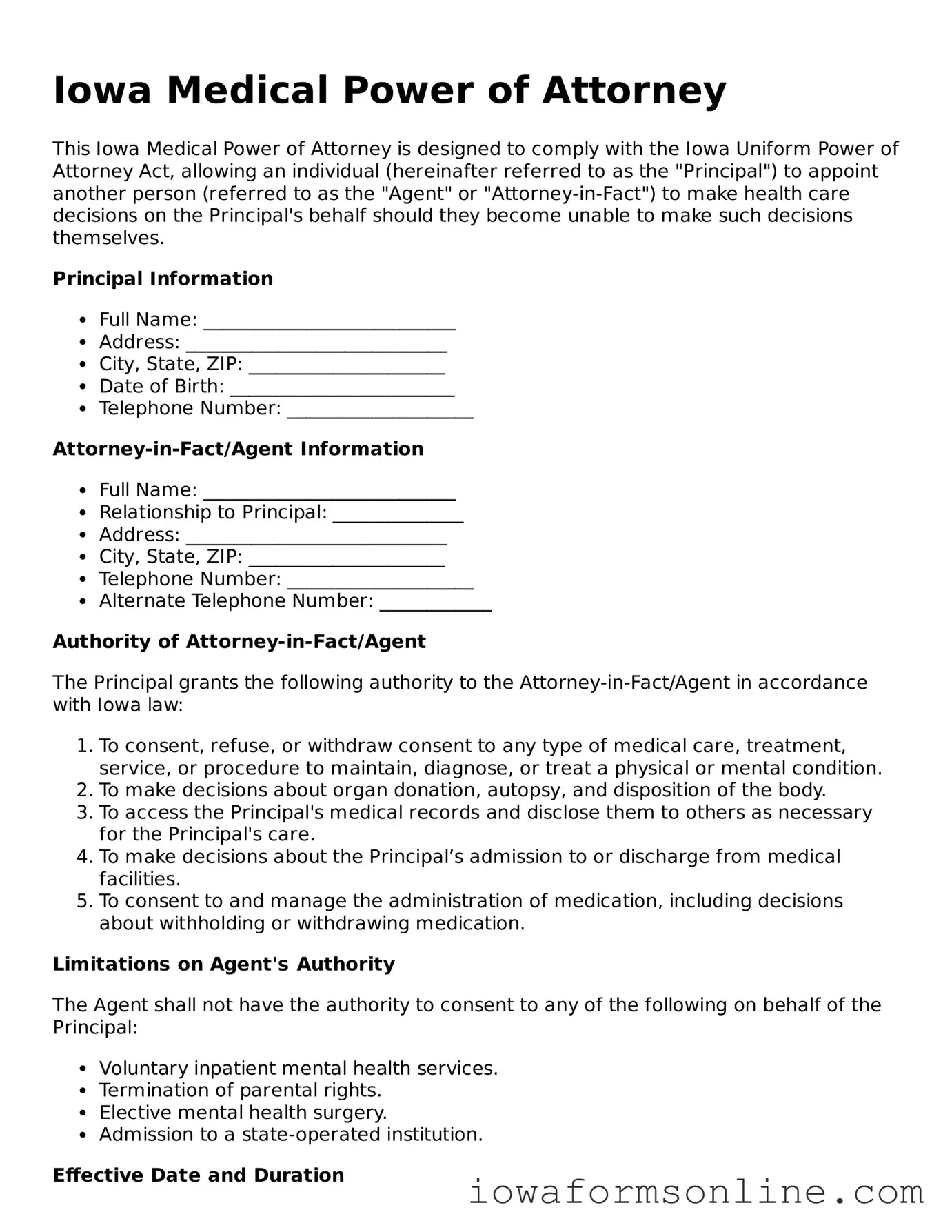 Blank  Medical Power of Attorney Template for Iowa