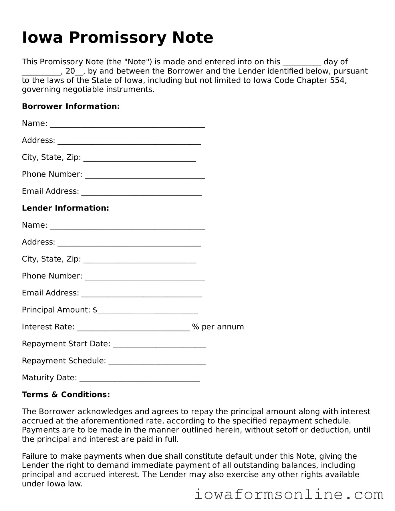 Blank  Promissory Note Template for Iowa