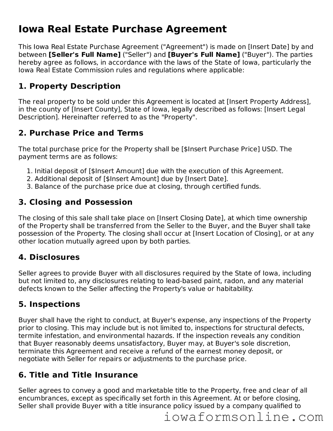 Blank  Real Estate Purchase Agreement Template for Iowa