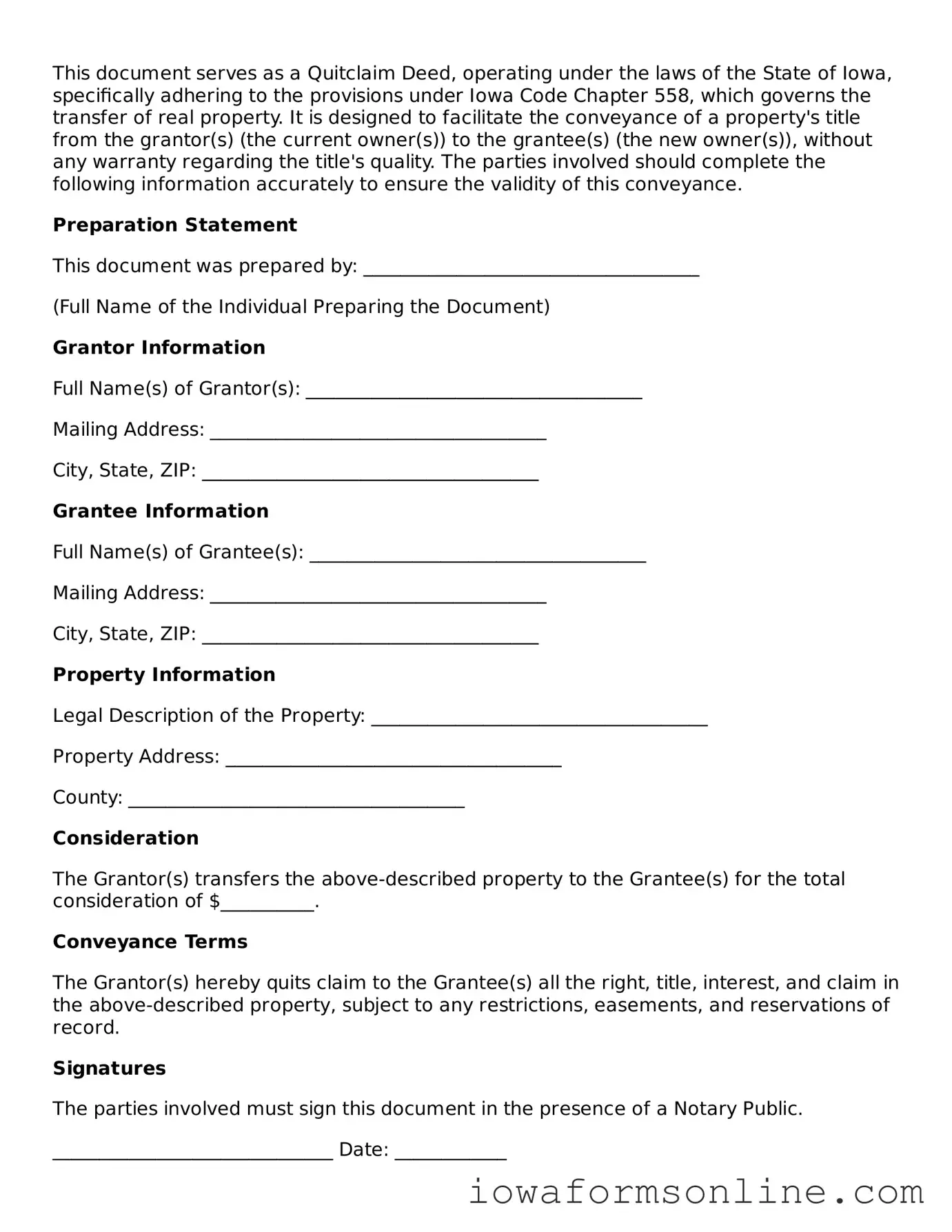 Blank  Quitclaim Deed Template for Iowa
