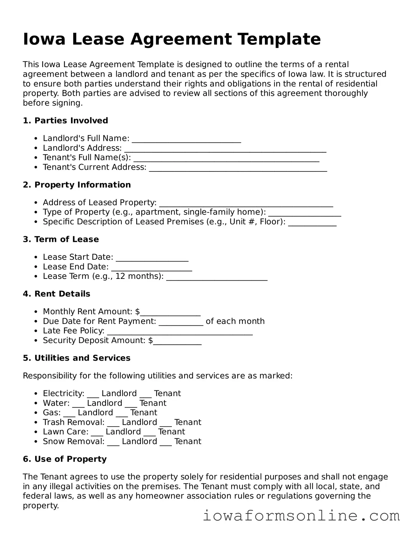 Blank  Lease Agreement Template for Iowa