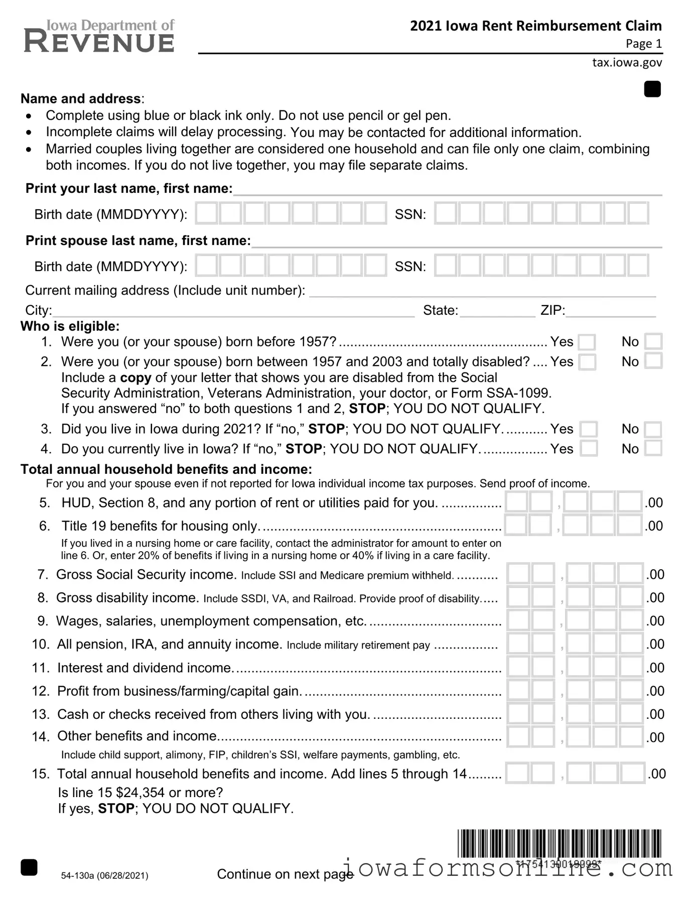 Fill a Valid Iowa Renters Rebate Template
