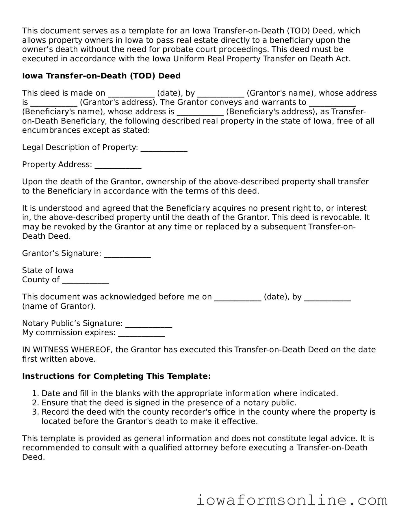 Blank  Transfer-on-Death Deed Template for Iowa