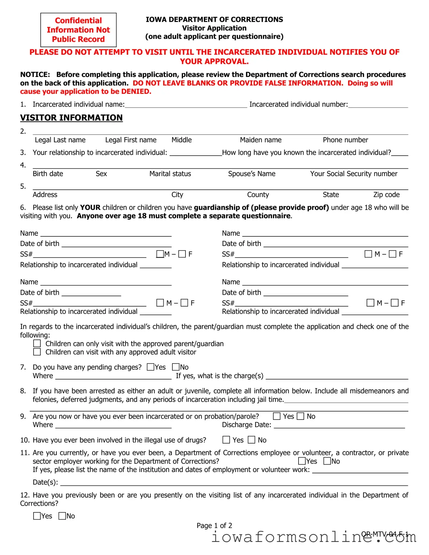 Fill a Valid Iowa Visitor Application Template