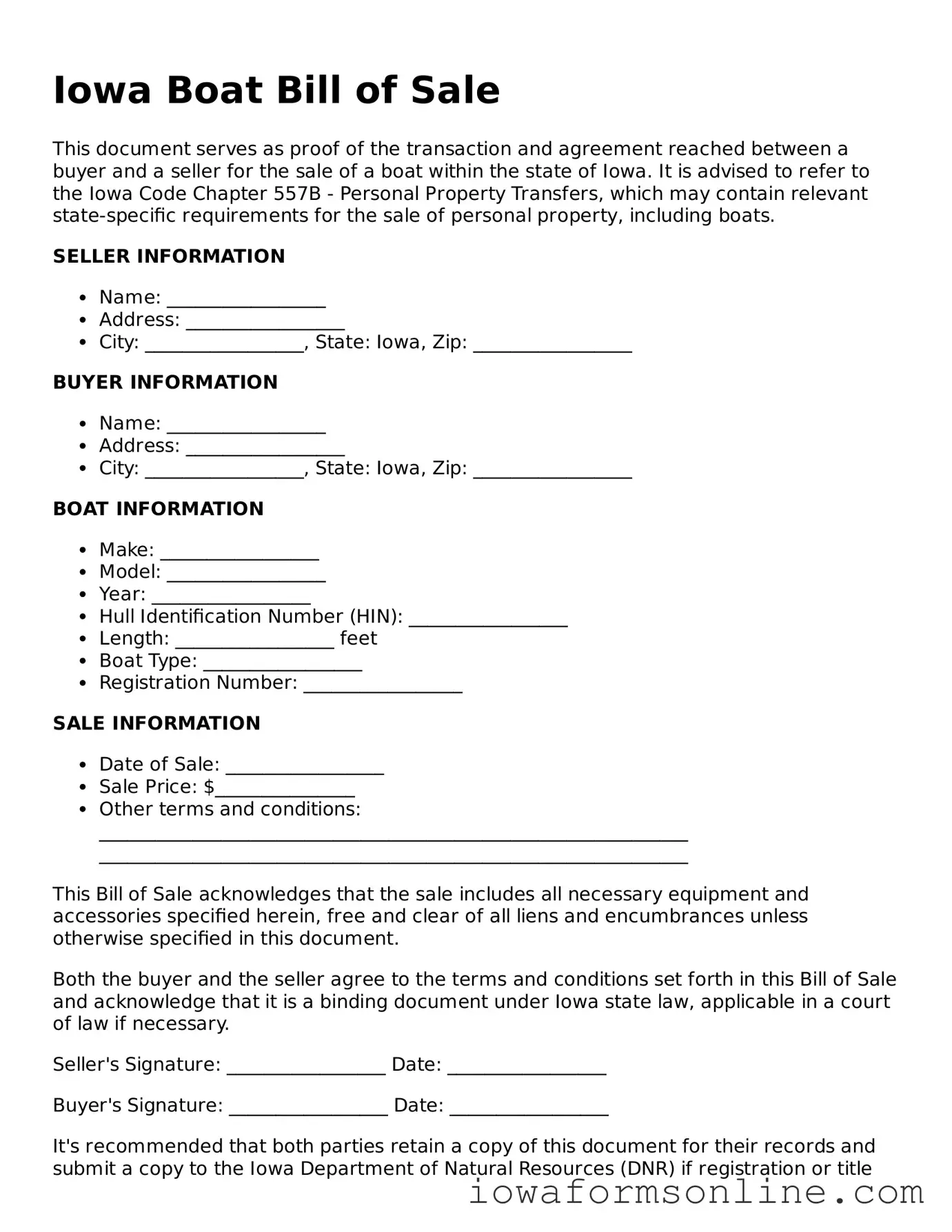 Blank  Boat Bill of Sale Template for Iowa