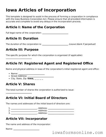 Blank  Articles of Incorporation Template for Iowa