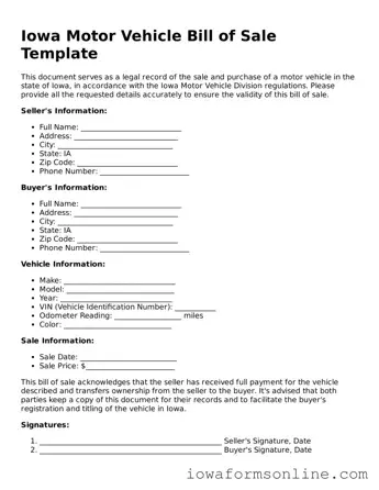 Blank  Motor Vehicle Bill of Sale Template for Iowa