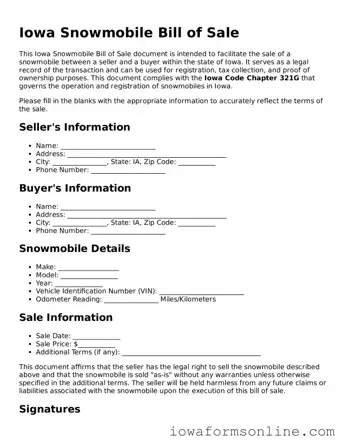 Blank  Snowmobile Bill of Sale Template for Iowa