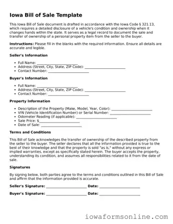 Blank  Bill of Sale Template for Iowa