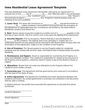 Blank  Residential Lease Agreement Template for Iowa