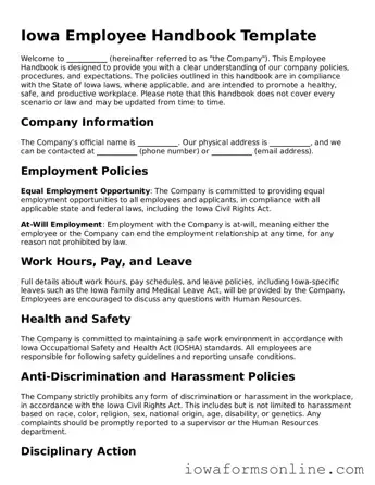 Blank  Employee Handbook Template for Iowa