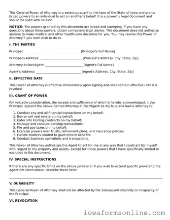 Blank  General Power of Attorney Template for Iowa