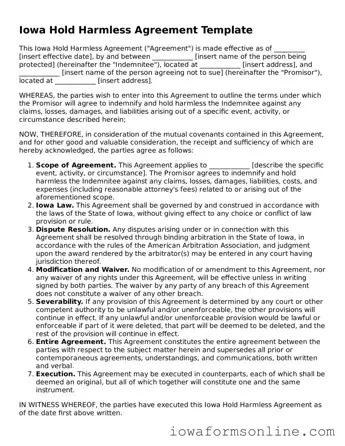 Blank  Hold Harmless Agreement Template for Iowa