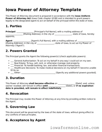 Blank  Power of Attorney Template for Iowa