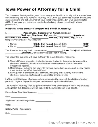 Blank  Power of Attorney for a Child Template for Iowa