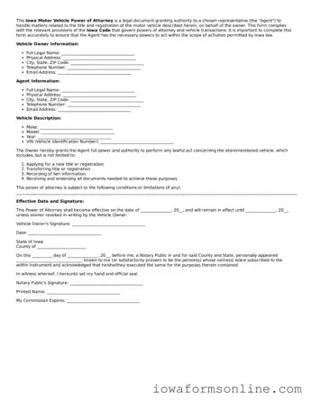 Blank  Motor Vehicle Power of Attorney Template for Iowa